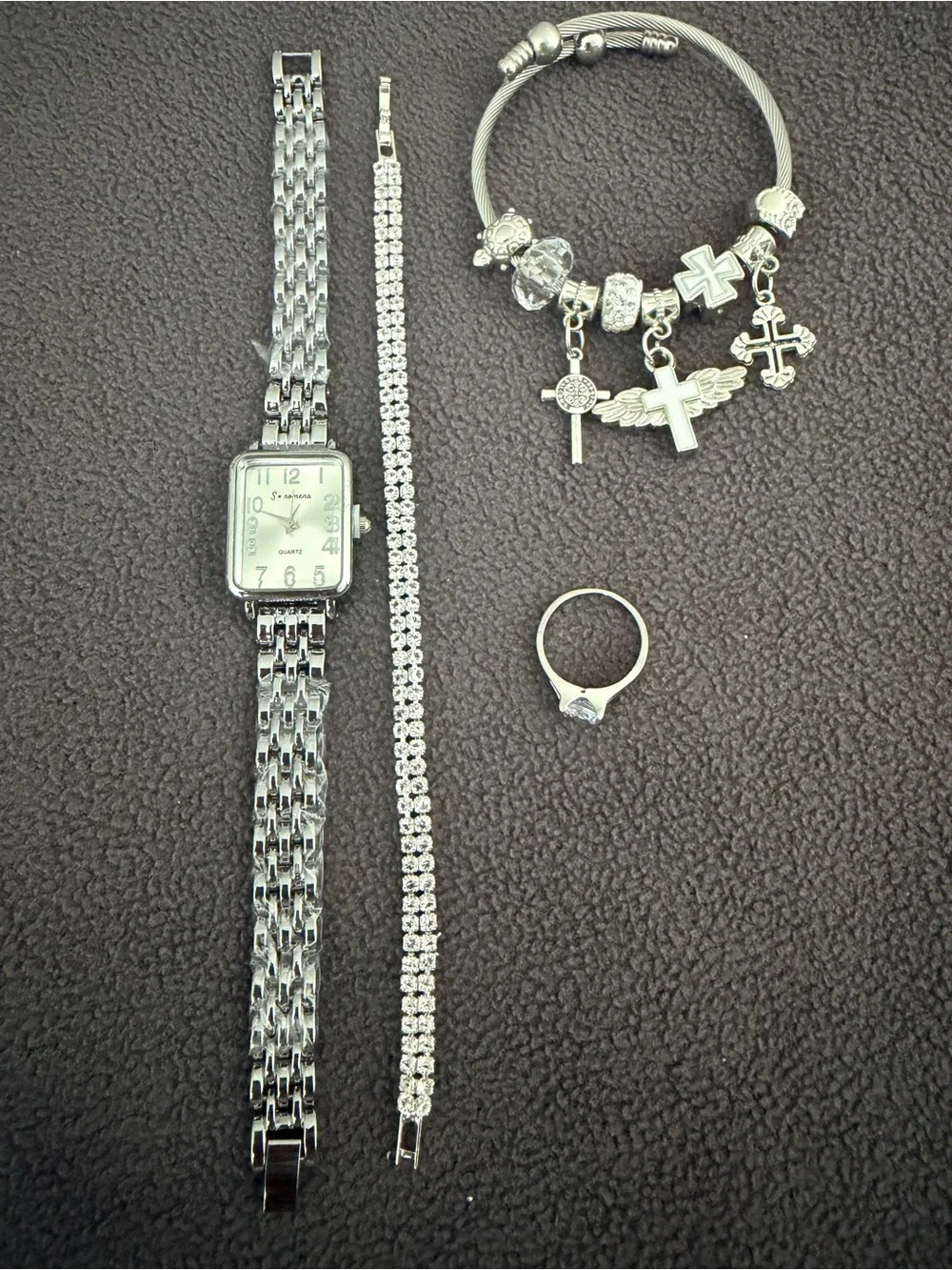 Silver Tone Women's Watch and Charm Bracelet Set - Silver